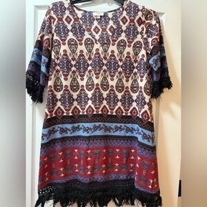 Umgee Red and Blue Patterned Mini Dress with Fringe